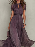 Purple Keyhole Neckline Chiffon Lace Trim Maxi Dress
