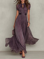 Purple Keyhole Neckline Chiffon Lace Trim Maxi Dress