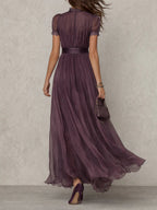 Purple Keyhole Neckline Chiffon Lace Trim Maxi Dress