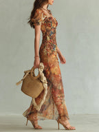 Orange Bohemian Holiday Oil Painting Print Chiffon Maxi Dress