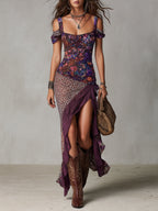 Purple Urban Nomadic Leopard Print Floral High-slit Maxi Dress