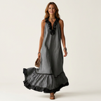 Mayline | Sleeveless Ruffle-Neck Contrast-Trim Maxi Dress